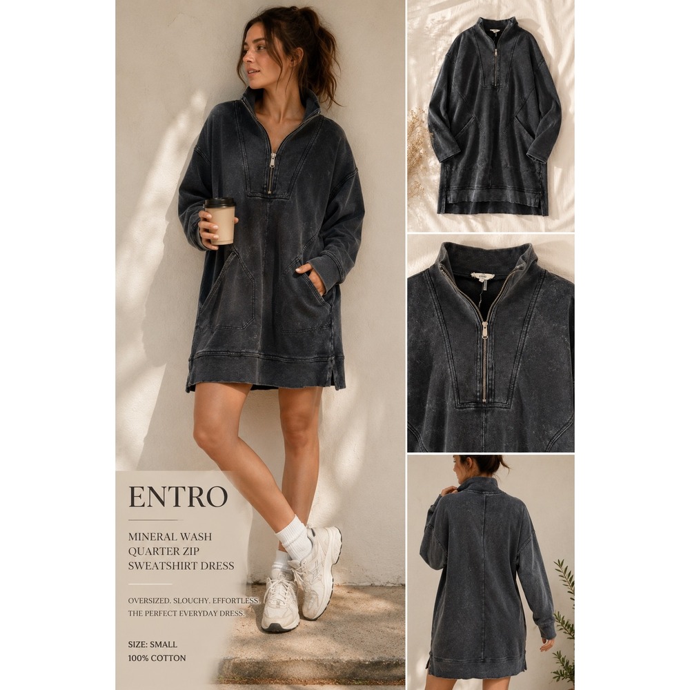 Entro‎ Washed Black Oversized Quarter Zip Sweatshirt Dress Cozy Boho S